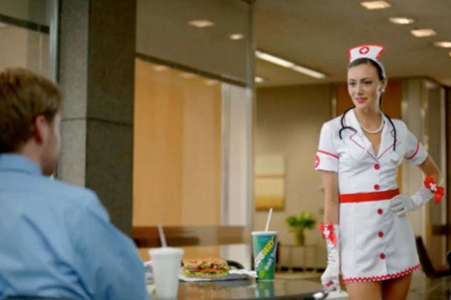 Sexy girl in subway shop